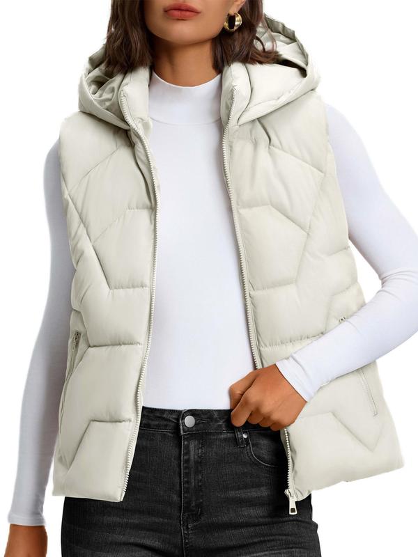 Women's Solid Quilted Hooded Vest Jacket, Casual Puffer Sleeveless Outerwear for Fall & Winter, Women's Clothes for Daily Wear