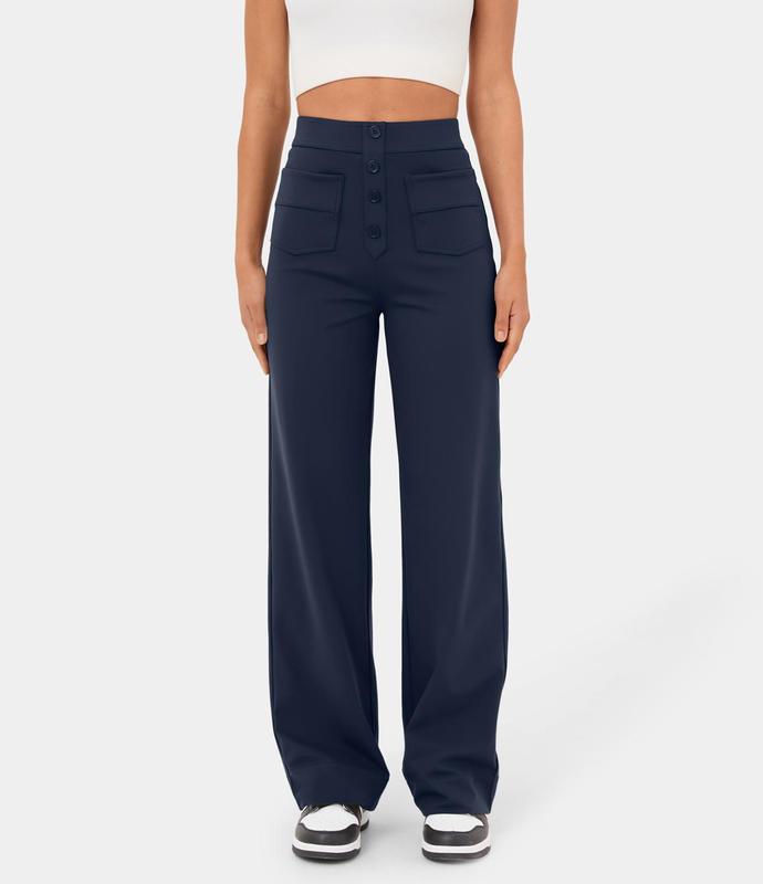 High Waisted Button Multiple Pockets Straight Leg Casual Pants