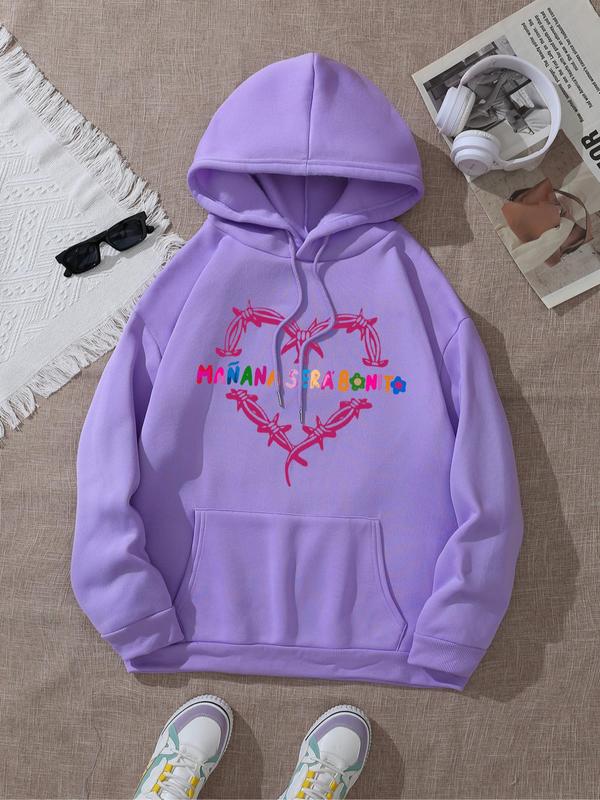 Women's Letter & Heart Print Pocket Pocket Hoodie, Casual Longsleeves Drawstring Sweatshirt for Outdoor, Womenswear, Lady Spring & Fall Clothes