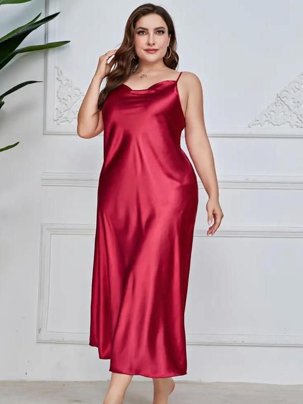 Plus Size Plain Cowl Neck Backless Satin Cami Nightdress, Casual Comfy Adjustable Spaghetti Strap Nightgown, Women's Sleepwear for Summer