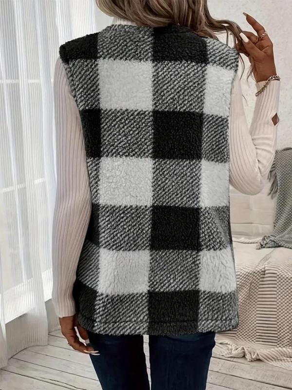 Women's Colorblock Plaid Print Pocket Design Gilet, Casual Sleeveless Open Front Vest Coat for Fall & Winter, Ladies Clothes for Daily Wear