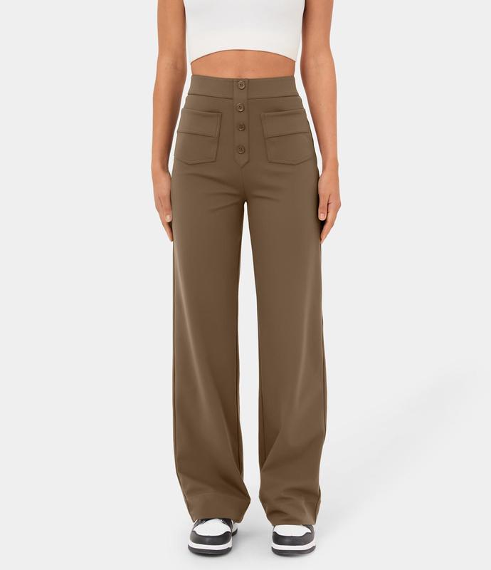 High Waisted Button Multiple Pockets Straight Leg Casual Pants
