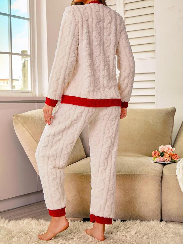Two-piece Set Women's Christmas Embroidery Contrast Binding Flannel Pajama, Casual Soft Comfortable Long Sleeve Top & Pants, Women's Sleepwear for Fall & Winter