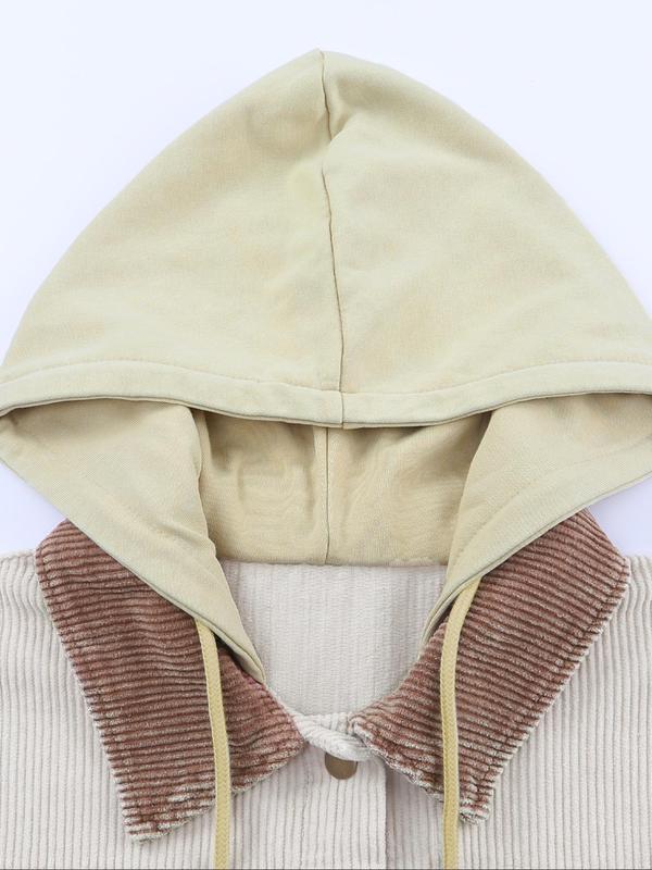 Women's Colorblock Patchwork Button Front Corduroy Coat Jacket, Casual Pocket Long Sleeve Drawstring Hooded Outerwear, Coat for Women, Women's Fall & Winter Clothes