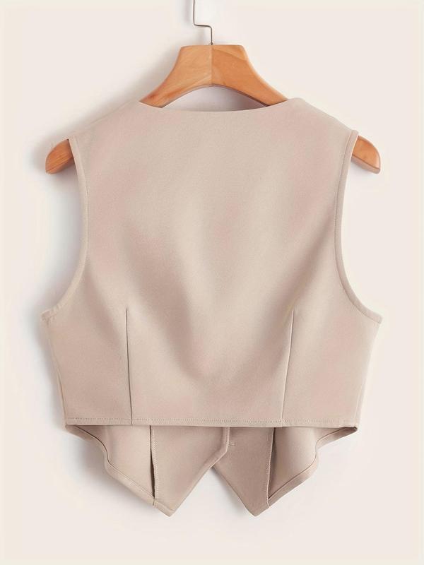 Women's Solid Button Front V Neck Crop Vest Blazer, Elegant Fashion Asymmetrical Hem Sleeveless Top for Daily Outdoor Wear, Women Clothing for All Seasons