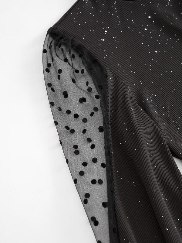 Women's Glitter Polka Dot Print Contrast Mesh Mock Neck Bodysuit, Elegant Bishop Sleeve Bodysuit for Party Club Dating, Ladies Clothes for All Seasons