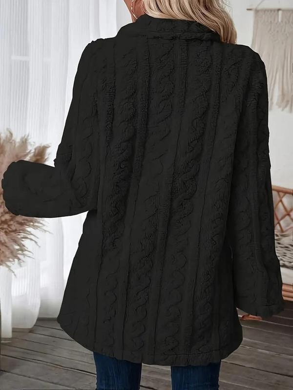 Women's Solid Double Button Cable Knit Fleece Jackets, Casual Long Sleeve Lapel Neck Thermal Lined Outerwear for Fall & Winter, Women's Clothing for Daily Wear