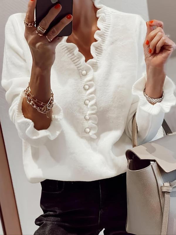 Womenswear Plain Frill Trim Ruffle Trim Button Front Sweater, Fall Outfits, Minimalist Elegant Comfort Long Sleeve V Neck Jumper for Fall , Fashion Women's Knitwear for Daily Wear, Fall Outfits, Fallfreshness