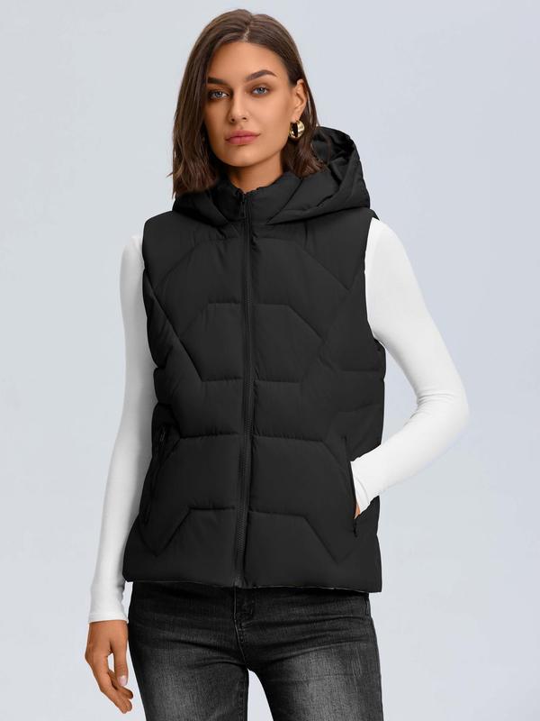 Women's Solid Quilted Hooded Vest Jacket, Casual Puffer Sleeveless Outerwear for Fall & Winter, Women's Clothes for Daily Wear