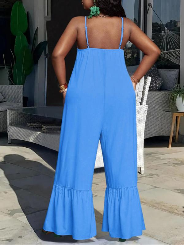Women's Basic Plain Ruched Ruffle Hem Maxi Jumpsuit, Lady Minimalist Boho Casual Comfort Spaghetti Strap Sleeveless Flared Leg Overalls for Summer, Ladies Clothes for Daily Wear, Womenswear, Jumpsuits for Women, Summer Outfits 2024
