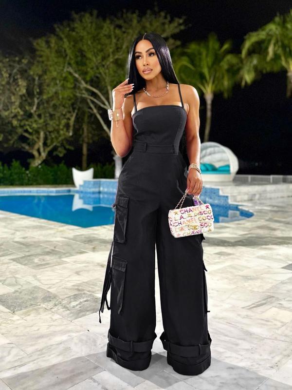 Women's Plain Multi-pocket Wide Leg Cargo Jumpsuit, Casual Tape Decor Backless Cami Jumpsuit, Back To School Outfits, Ladies Clothes for Streetwear, Jumpsuit for Women Fall Outfits 2024