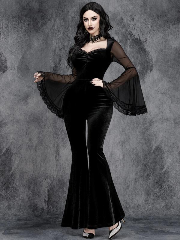 Women's Contrast Mesh Lace Trim Flounce Sleeve Flare Leg Jumpsuit, Punk Ruched Sweetheart Neck Long Sleeve  Jumpsuit for Party Holiday, Ladies Clothes for All Seasons