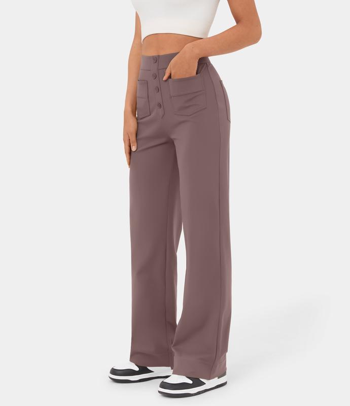 High Waisted Button Multiple Pockets Straight Leg Casual Pants