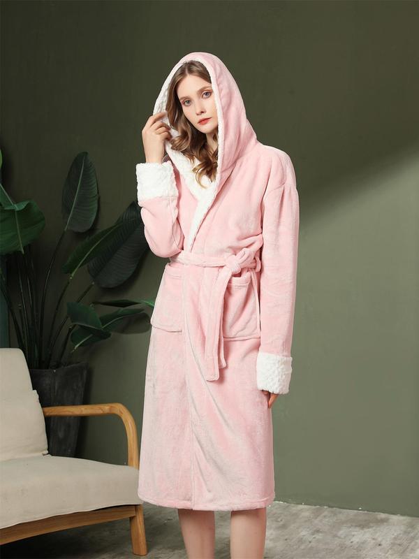 Women's Solid Thickened Belted Hooded Flannel Robe, Comfort PJ for Homewear, Casual Long Sleeve Pocket Design Thermal Lined Bathrobe for Fall & Winter, Women's Sleepwear for Indoor Home Wear