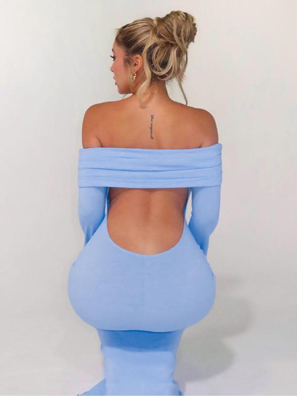 Women's Plain Off Shoulder Backless Long Sleeve Dress, Elegant Fashion Casual Dress for Daily Outdoor Wear, Women Dress for Spring Fall