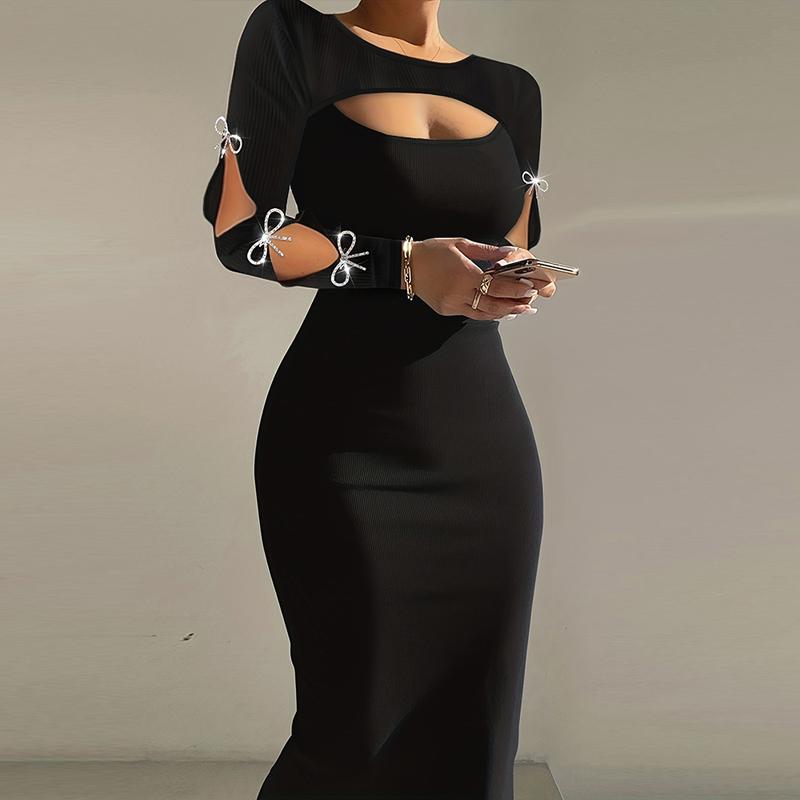 ChicMe Women's Long Sleeve Rhinestone Bowknot Decor Bodycon Dress Hollow Out Slim Fit Party Evening Dress Formal Womenswear