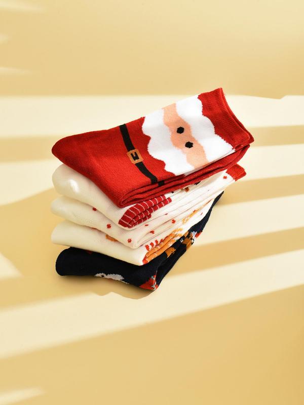 Women's Christmas Themed Cartoon Print Crew Socks, Cute Comfy Socks for Daily Wear, Women's Socks for All Seasons