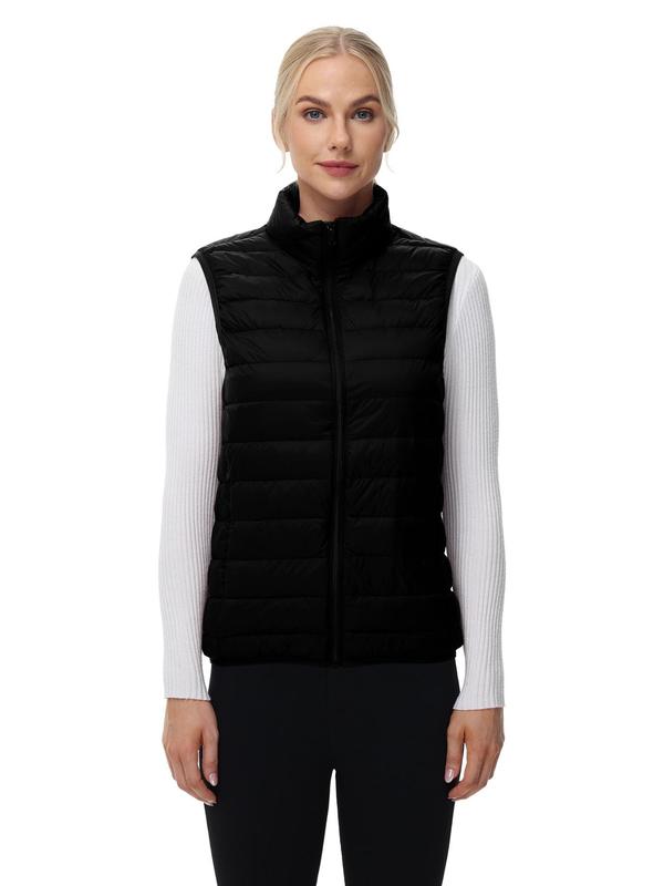 Women's Solid Zip Up Thermal Lined Funnel Neck Vest Jacket, Casual Waterproof Sleeveless Pocket Sports Down Coat for Hiking Camping, Ladies Sportswear for Fall & Winter
