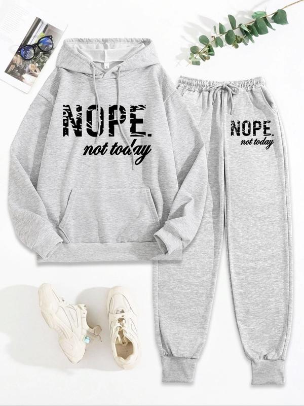 Two-Piece Set Women's Letter Print Drop Shoulder Hoodie & Drawstring Waist Sweatpants, Casual Fashion Cozy Breathable Two Piece Outfits for Daily Workout Running, Ladies Fall & Winter Clothes