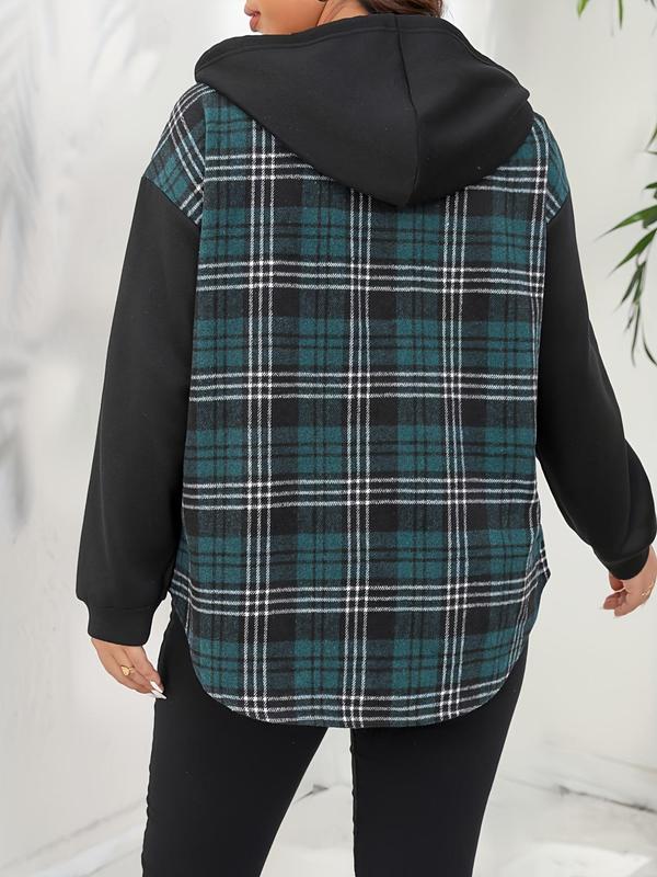 Plus Size Colorblock Plaid Print Button Front Shirt Jacket, Casual Drop Shoulder Long Sleeve Flap Pocket Outerwear for Fall & Winter, Women's Clothes for Daily Wear
