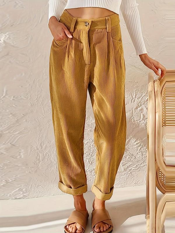 Women's Plain Pocket Button Straight Leg Corduroy Pants, Cute Clean Girl Clothes, Casual High Waist Trousers for Fall, Women's Bottoms for Daily Wear, Fall Outfits, Fallfreshness, Girl Clothes 80S