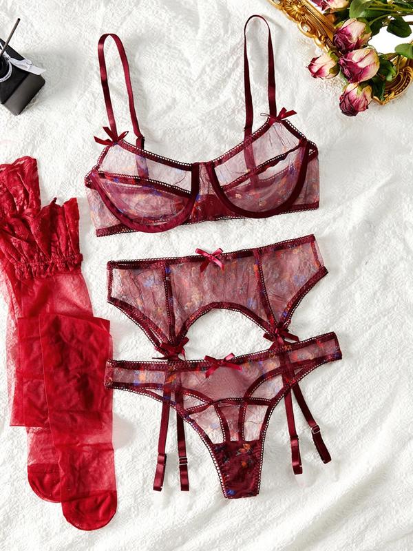 Women's Contrast Lace Sheer Mesh Lingerie Set, Sexy Bow Decor Bra & Thong & Garter Belt & Stockings Set, Lingerie Set for Women
