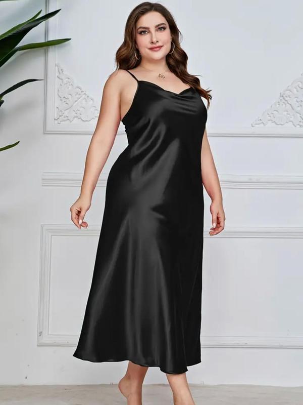 Plus Size Plain Cowl Neck Backless Satin Cami Nightdress, Casual Comfy Adjustable Spaghetti Strap Nightgown, Women's Sleepwear for Summer