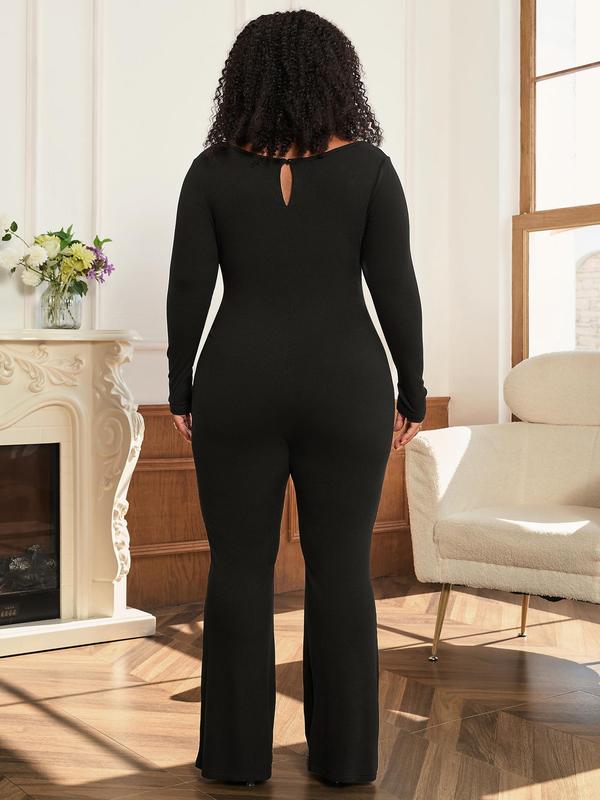 CURVZY Plus Size Fall Aesthetic Solid Keyhole Back Flare Leg Jumpsuit, Casual Long Sleeve Square Neck Skinny Jumpsuit for Spring & Fall, Women's Clothes for Daily Wear