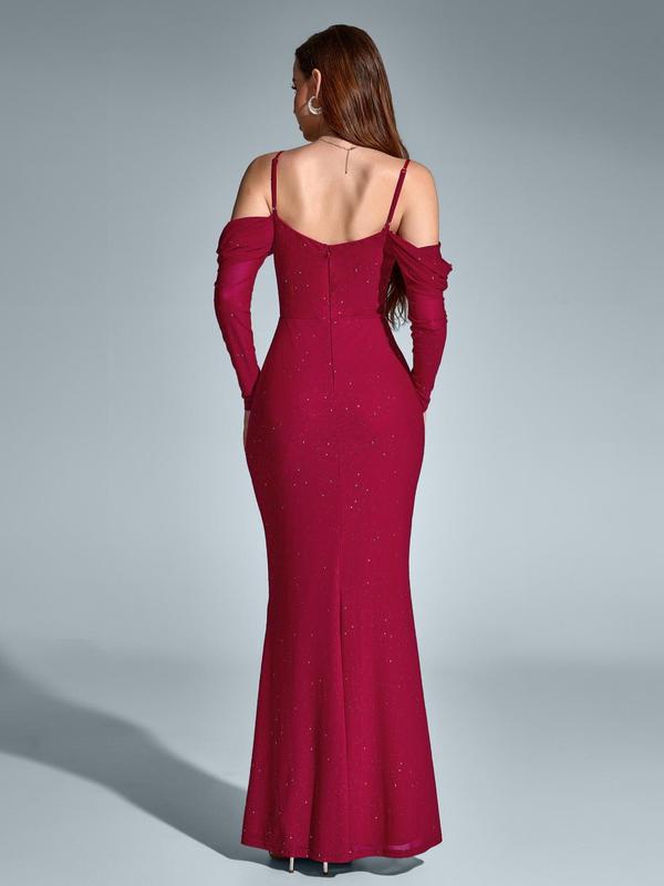 Women's Contrast Sequin Cold Shoulder Mermaid Dress, Elegant Zipper Back Long Sleeve Evening Party Gown, Ladies Clothes for All Seasons