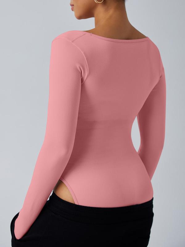 Women's Solid Square Neck Long Sleeve Shapewear Bodysuit, Casual Comfy High Stretch Shaper for Daily Wear, Ladies Shapewear for All Seasons