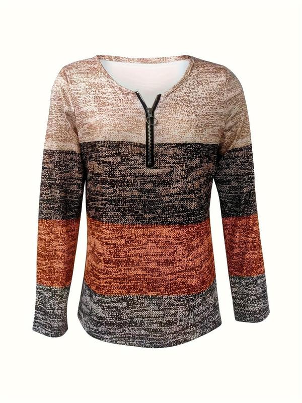Women's Colorblock Zipper Half Placket Tee, Casual Long Sleeve Round Neck T-shirt for Daily Wear, Ladies Clothes for All Seasons