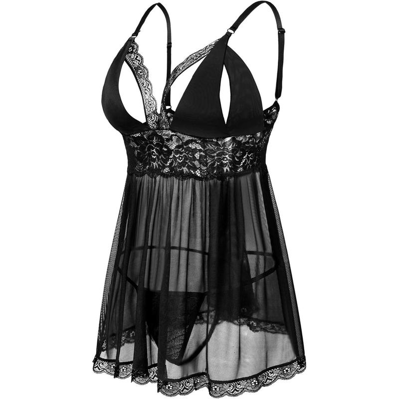 Women's Sexy Plus Size Lingerie - Split Cup Lace doll Sleepwear Chemise Set 2XL,3XL,4XL