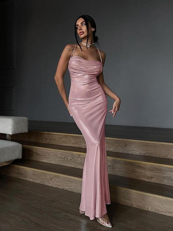 Women's Plain Ruched Lace Up Backless Mermaid Evening Dress, Elegant Cowl Neck Sleeveless Evening Party Gown, Ladies Summer Clothes