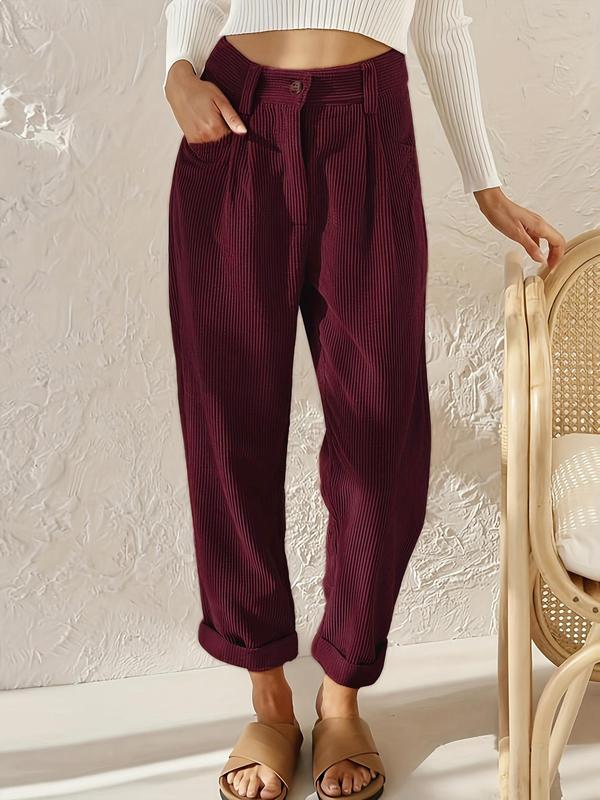 Women's Plain Pocket Button Straight Leg Corduroy Pants, Cute Clean Girl Clothes, Casual High Waist Trousers for Fall, Women's Bottoms for Daily Wear, Fall Outfits, Fallfreshness, Girl Clothes 80S