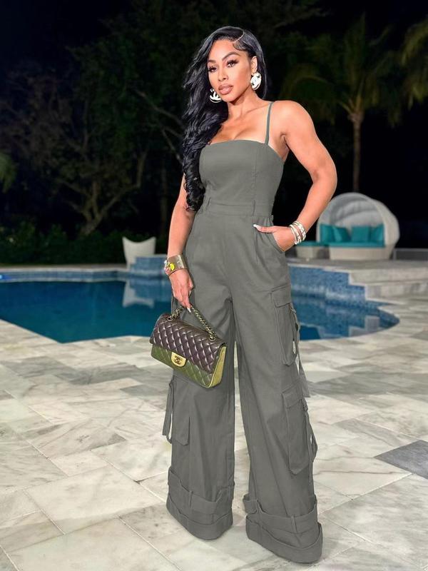 Women's Plain Multi-pocket Wide Leg Cargo Jumpsuit, Casual Tape Decor Backless Cami Jumpsuit, Back To School Outfits, Ladies Clothes for Streetwear, Jumpsuit for Women Fall Outfits 2024