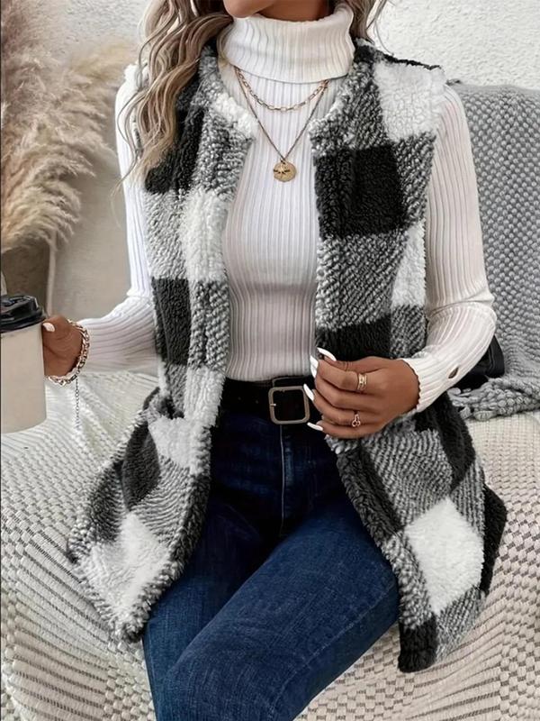 Women's Colorblock Plaid Print Pocket Design Gilet, Casual Sleeveless Open Front Vest Coat for Fall & Winter, Ladies Clothes for Daily Wear