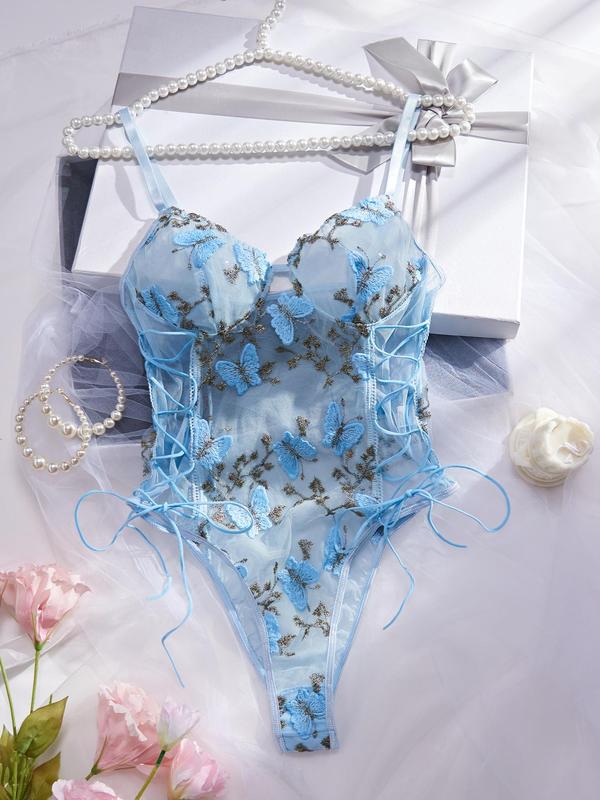 Women's Floral & Butterfly Embroidery Lace Up Backless Cami Bodysuit, Sexy Adjustable Strap Sheer Sleeveless Bodysuit for Summer, Fashion Women's Clothes for Daily Wear