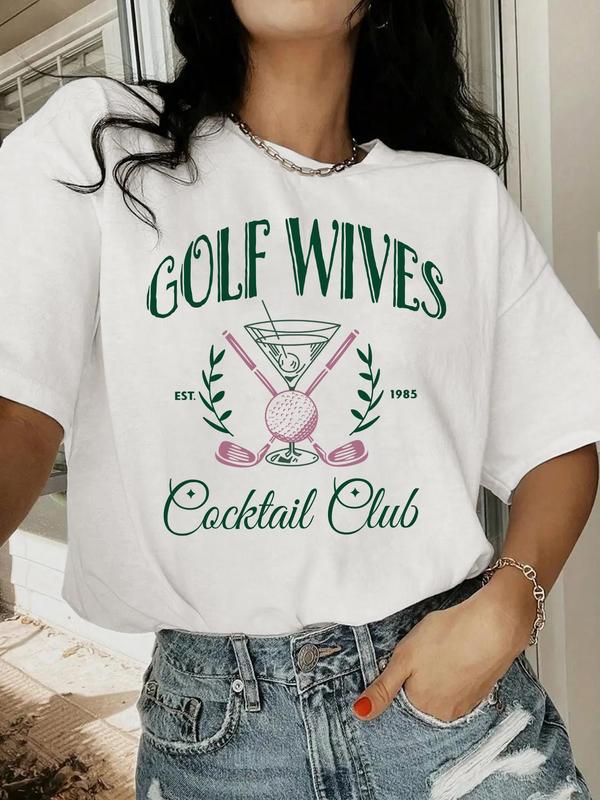 Women's Letter & Golf Print Drop Shoulder Tee, Casual Short Sleeve Round Neck T-Shirt for Summer, Ladies Clothes for Daily Wear