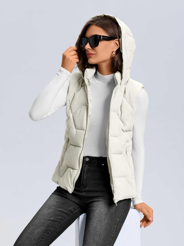 Women's Solid Quilted Hooded Vest Jacket, Casual Puffer Sleeveless Outerwear for Fall & Winter, Women's Clothes for Daily Wear