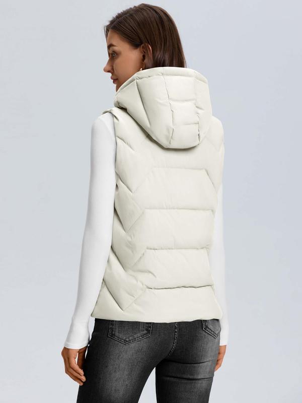 Women's Solid Quilted Hooded Vest Jacket, Casual Puffer Sleeveless Outerwear for Fall & Winter, Women's Clothes for Daily Wear