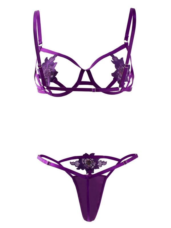 Women's Floral Embroidery Cut Out Lingerie Two-piece Set, Sexy Comfy Breathable Bra & Thong Set for Daily Wear, Women's Lingerie Set for All Seasons