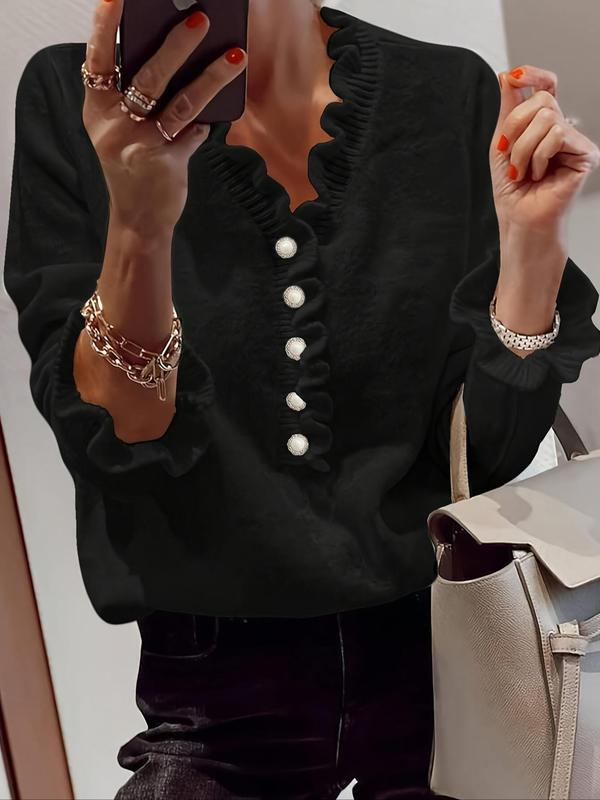 Womenswear Plain Frill Trim Ruffle Trim Button Front Sweater, Fall Outfits, Minimalist Elegant Comfort Long Sleeve V Neck Jumper for Fall , Fashion Women's Knitwear for Daily Wear, Fall Outfits, Fallfreshness