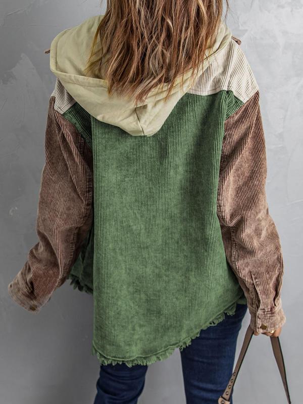 Women's Colorblock Patchwork Button Front Corduroy Coat Jacket, Casual Pocket Long Sleeve Drawstring Hooded Outerwear, Coat for Women, Women's Fall & Winter Clothes