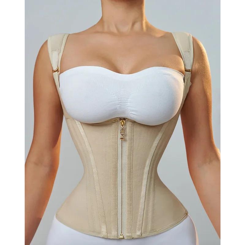 High Stretch Mesh Waistband With Row Buckle and Zipper Postpartum Corset Waist Trainer Body Shaper Women Vest Sexy Shaping Curve