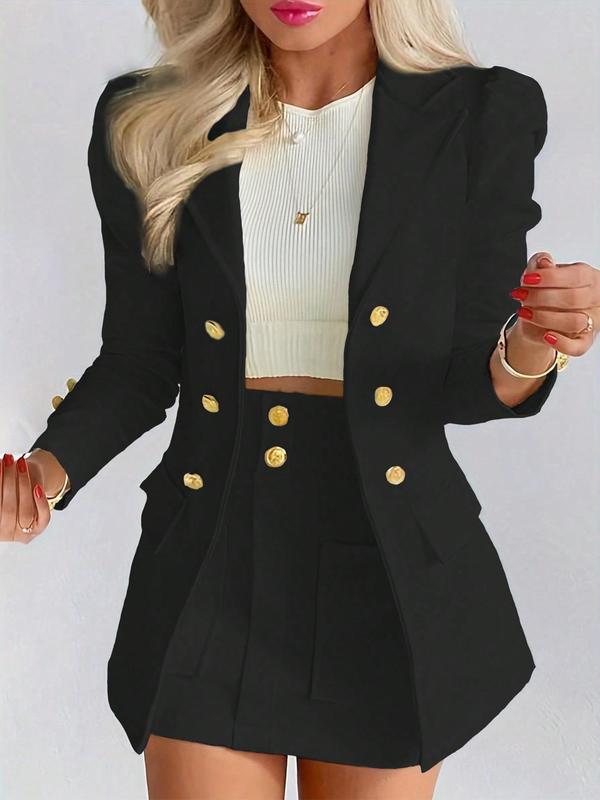 Two-piece Set Women's Solid Puff Long Sleeve Blazer & Pocket Skirt Set, Elegant Lapel Neck Fake Buttons & Pocket Decor Outerwear & Short Skirt for Work Office Business, Ladies Fall & Winter Clothes