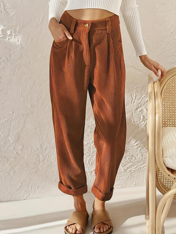 Women's Plain Pocket Button Straight Leg Corduroy Pants, Cute Clean Girl Clothes, Casual High Waist Trousers for Fall, Women's Bottoms for Daily Wear, Fall Outfits, Fallfreshness, Girl Clothes 80S