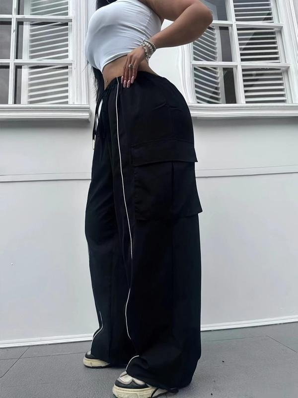 Women's Contrast Binding Drawstring Waist Cargo Pants, Casual Pocket Trousers for Fall & Winter, Women's Bottoms for Daily Wear
