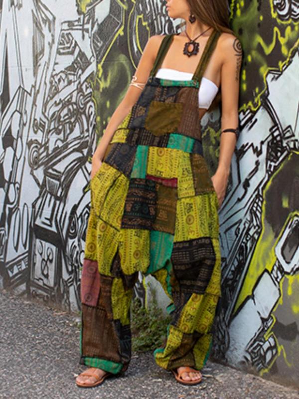 Women's Patchwork Print Pocket Cami Baggy Jumpsuit, Boho Casual Sleeveless Jumpsuit for Summer, Ladies Clothes for Beach Holiday Vacation