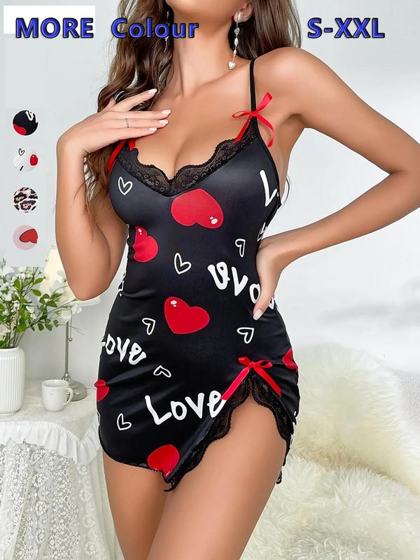 Women's Heart & Letter Print Bowknot Decor Contrast Lace Cami Nightdress, 1 Count Adjustable Spaghetti Strap Split Hem Nightgown, Soft Comfortable Sleepwear Loungewear for Women