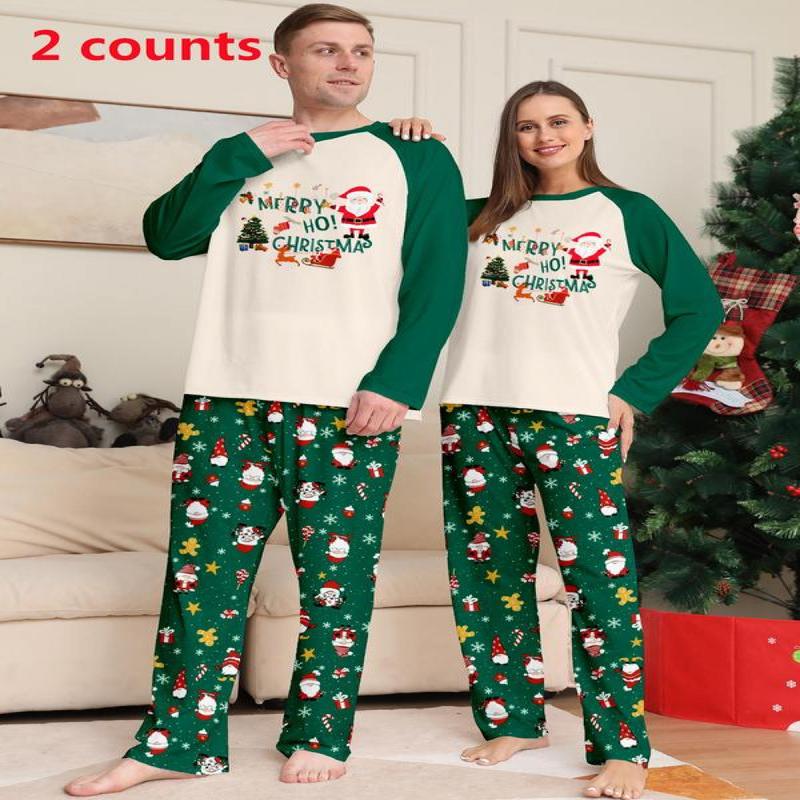 Couple's Christmas Themed Raglan Sleeve Pajama Two-Piece Set, Casual Comfy Long Sleeve Tee & Elastic Waist Pants PJ Set, Couple's Sleepwear for Fall & Winter